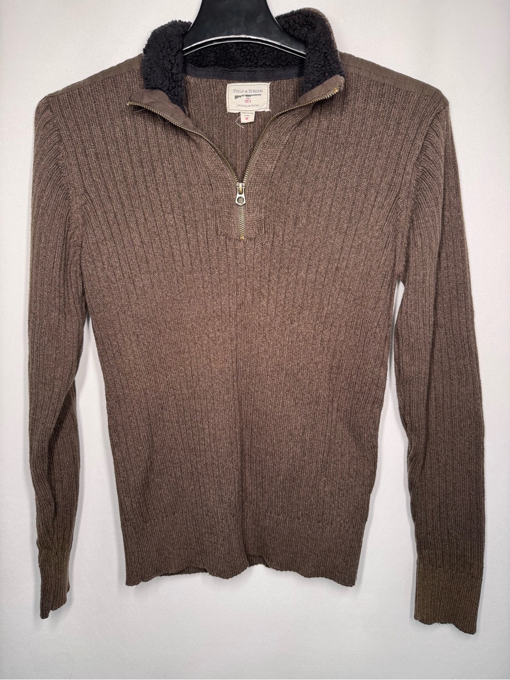 ❤️3/$30 Field & Stream Men's Brown Ribbed Quarter-Zip Sweater, Sherpa Collar - M
